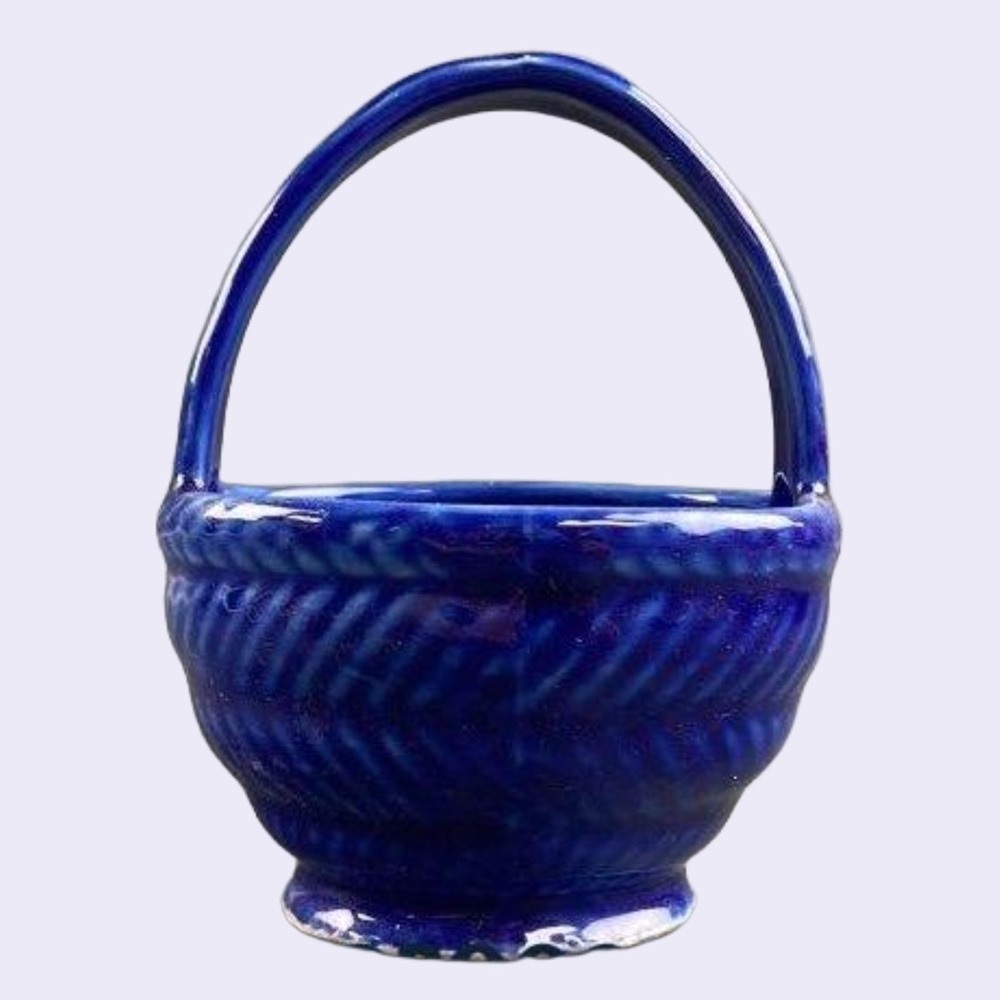 Vintage Blue Sapphire Ceramic Basket Trinket Holder Decorative Pottery Bowl VTG